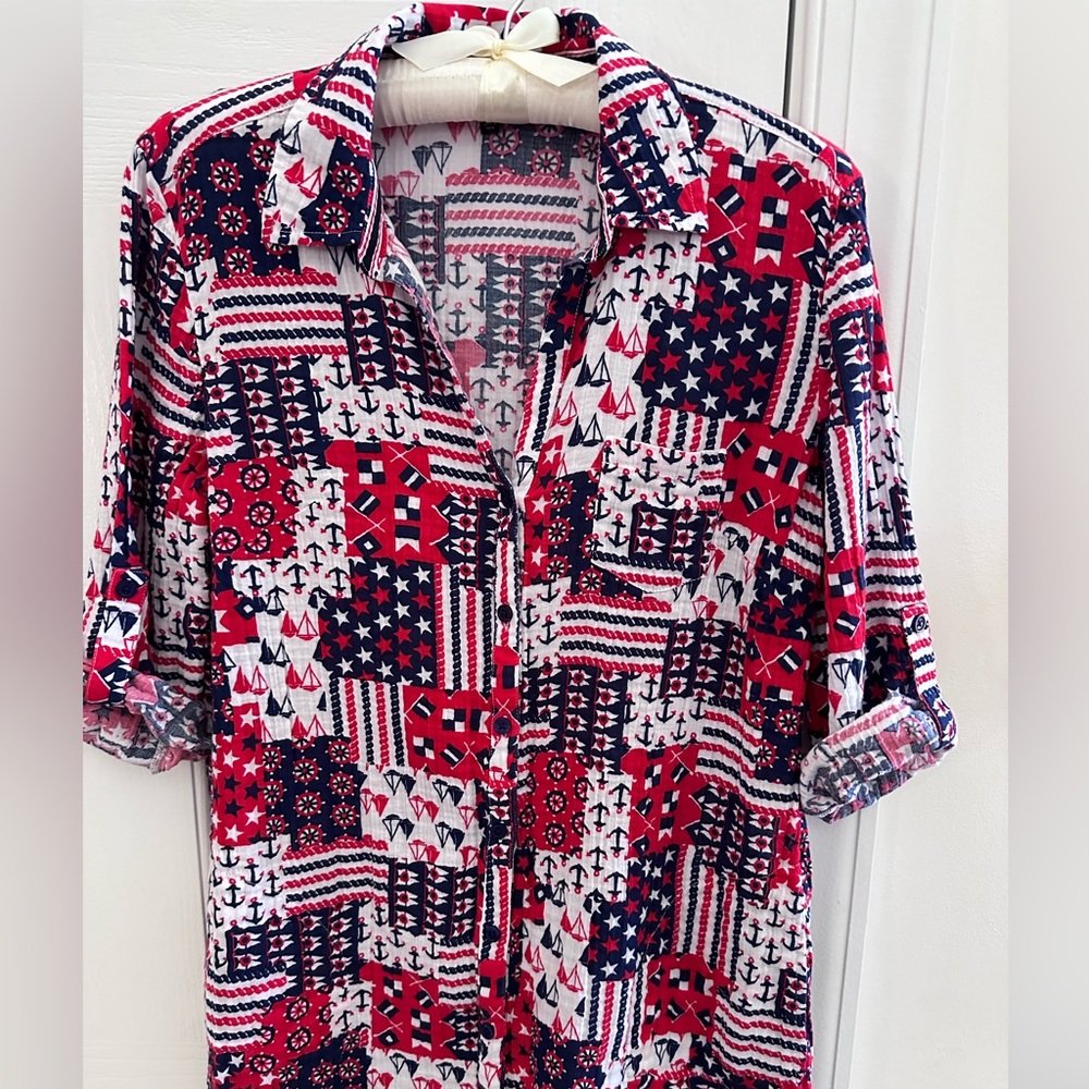 Talbots Nautical American Tunic Top Swim Beach Coverup 3/4 Sleeves Small
